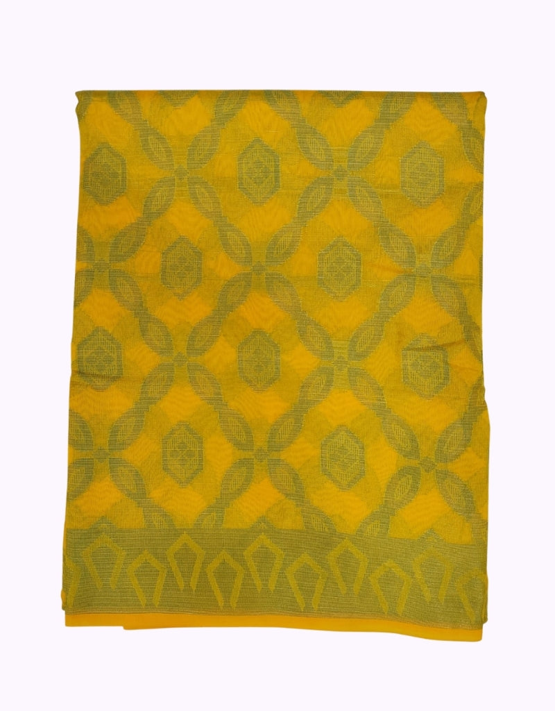 Mustard Yellow & Antique Gold Woven Cotton Saree with Geometric Jacquard Design