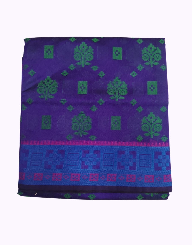 Royal Purple Cotton Saree with Green Butta Design & Contrast Blue Pink Border