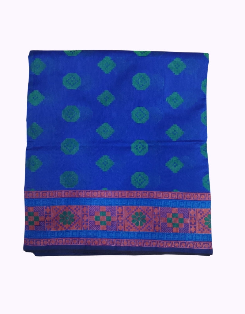 Royal Blue Cotton Saree with Green Butta Design & Pink Blue Contrast Border