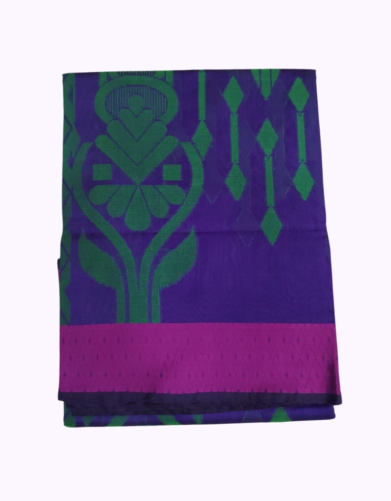Royal Violet Cotton Saree with Green Temple Motif & Pink Contrast Border