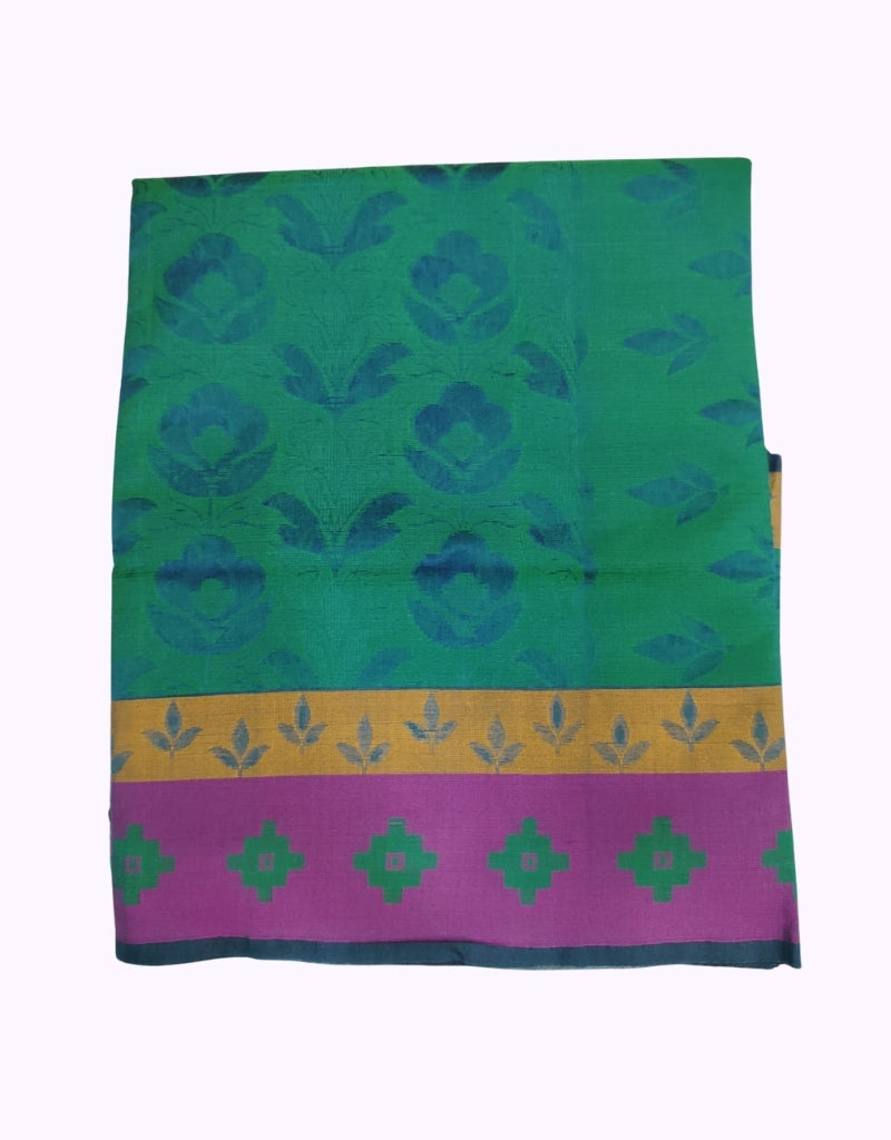 Emerald Green Cotton Saree with Blue Floral Weave & Pink Contrast Border