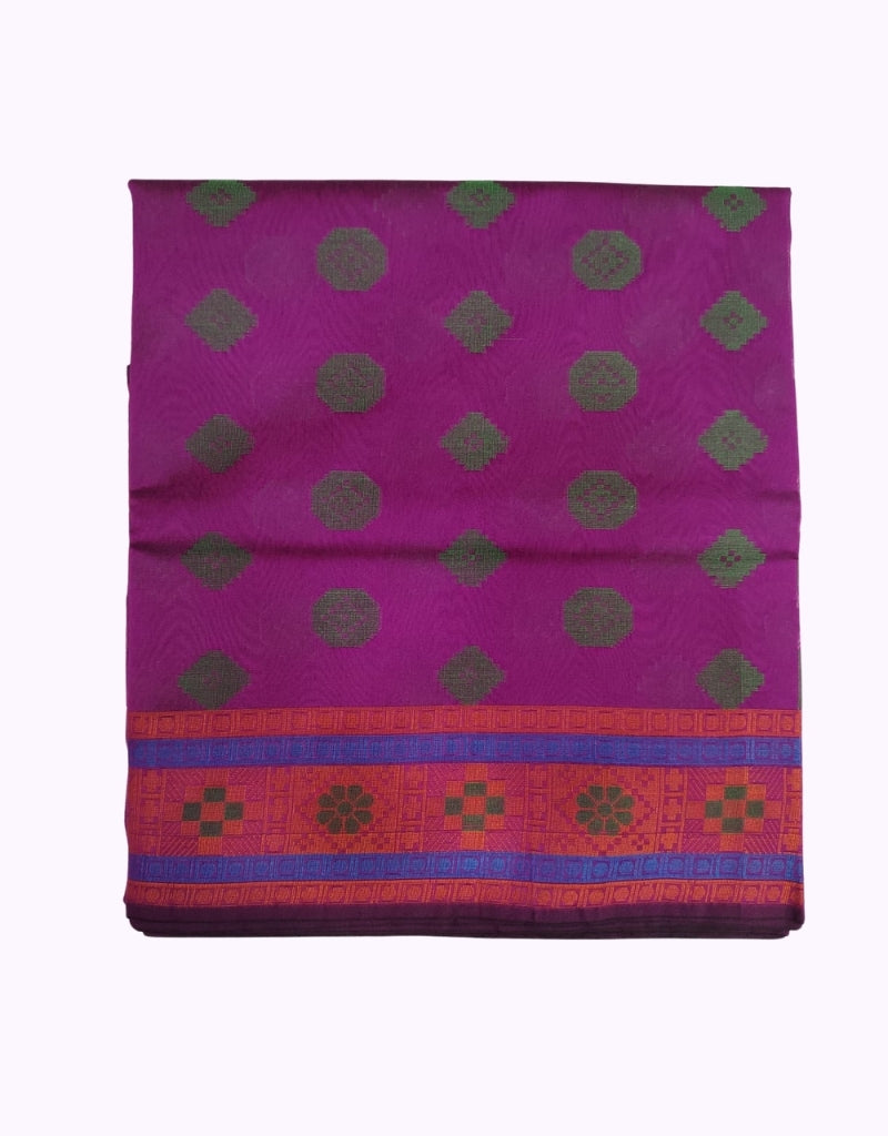 Royal Magenta Cotton Saree with Green Buttas & Multicolor Traditional Border