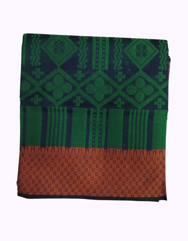 Navy Blue & Green Cotton Saree with Traditional Woven Border and Orange Contrast Pallu