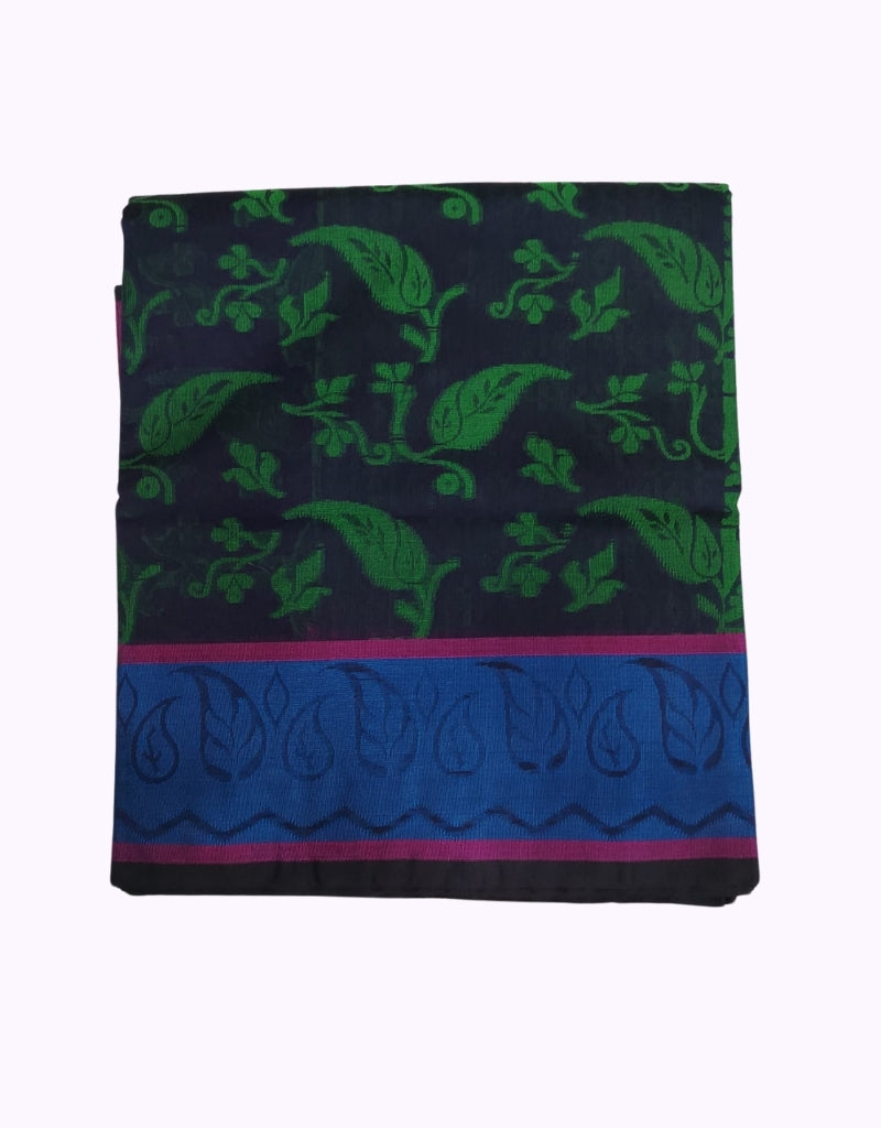 Navy Blue Cotton Saree with Green Leaf Motifs and Royal Blue Pink Contrast Border