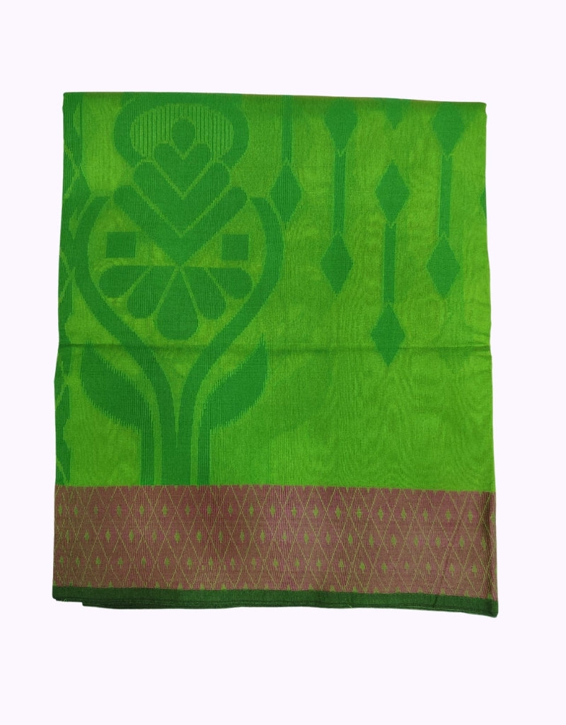 Parrot Green Cotton Saree with Floral Motif and Pink Woven Border