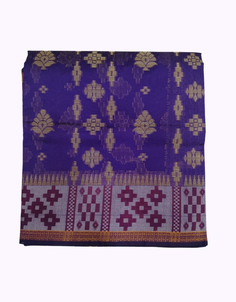 Royal Purple Cotton Saree with Gold Woven Motifs and Contrast Temple Border