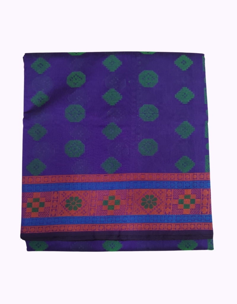 Royal Purple Cotton Saree with Green Butta Design and Contrast Orange-Blue Traditional Border