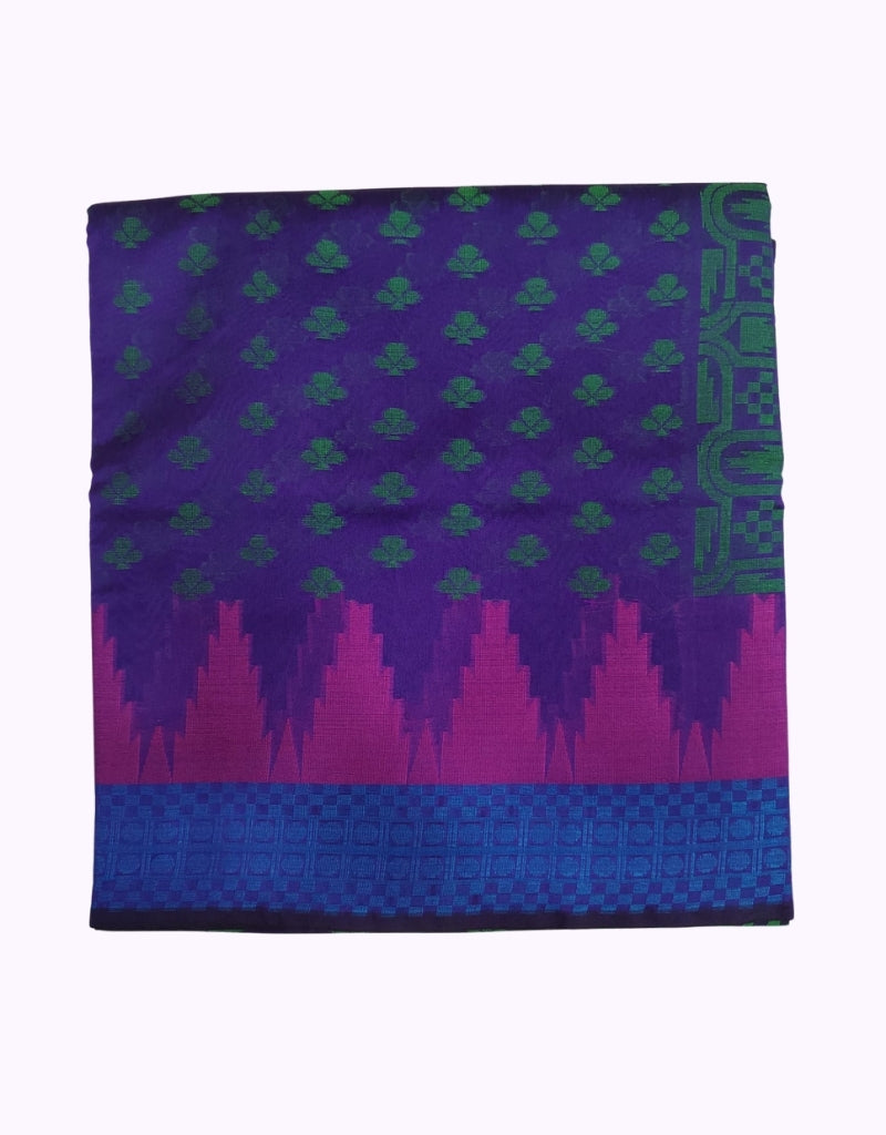 Royal Purple Cotton Saree with Green Butta Design and Pink Temple Border with Blue Woven Finish