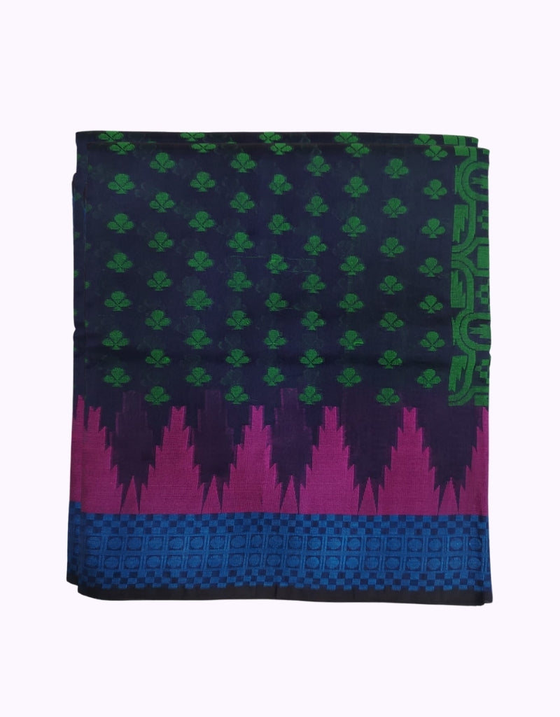 Navy Blue & Magenta Traditional Cotton Blend Saree with Green Butta Design and Designer Border