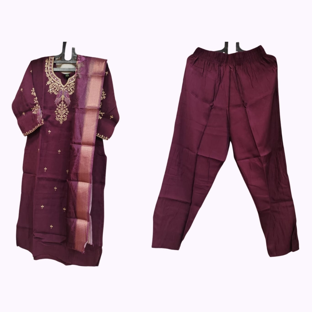 Luxury Maroon Embroidered Salwar Suit Set with Woven Dupatta – Cotton Blend, Designer Neck, 3/4 Sleeves
