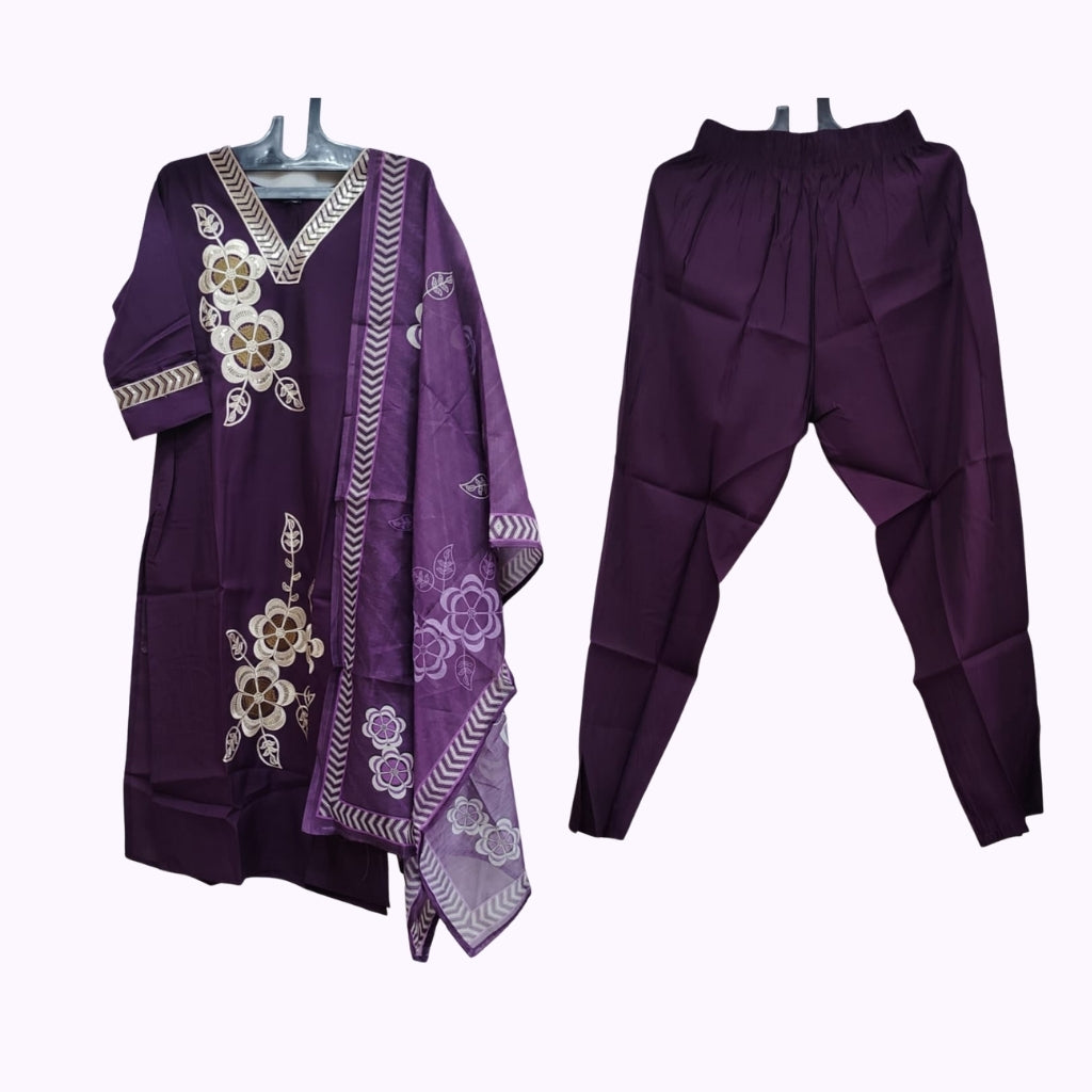 Royal Purple Floral Embroidered Salwar Suit Set with Designer Dupatta – Cotton Blend, V-Neck, 3/4 Sleeves