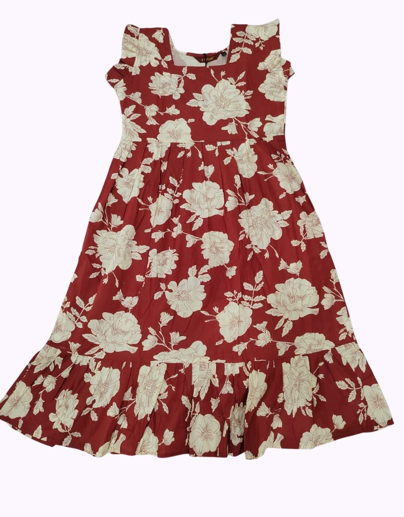 Elegant Red Floral Printed Midi Dress – Soft Cotton Blend, Cap Sleeves, Flared Hem