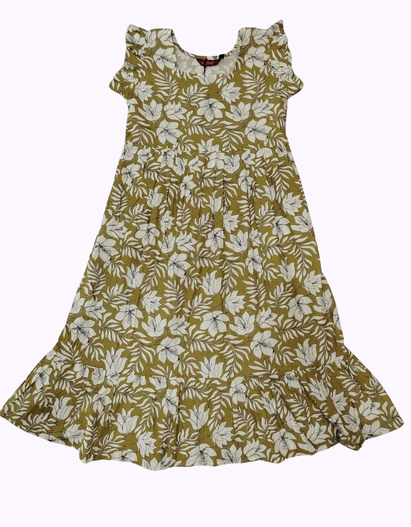 Elegant Mustard Floral Printed Midi Dress – Soft Cotton Blend, Cap Sleeves, Flared Hem