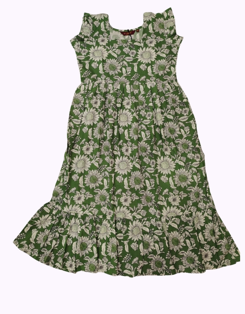 Fresh Green Floral Printed Midi Dress – Soft Cotton Blend, Cap Sleeves, Flared Hem