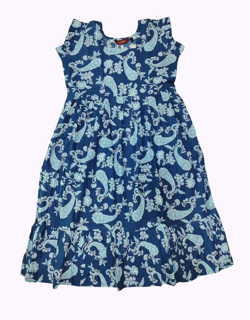 Elegant Blue Paisley Printed Midi Dress – Soft Cotton Blend, Cap Sleeves, Flared Hem