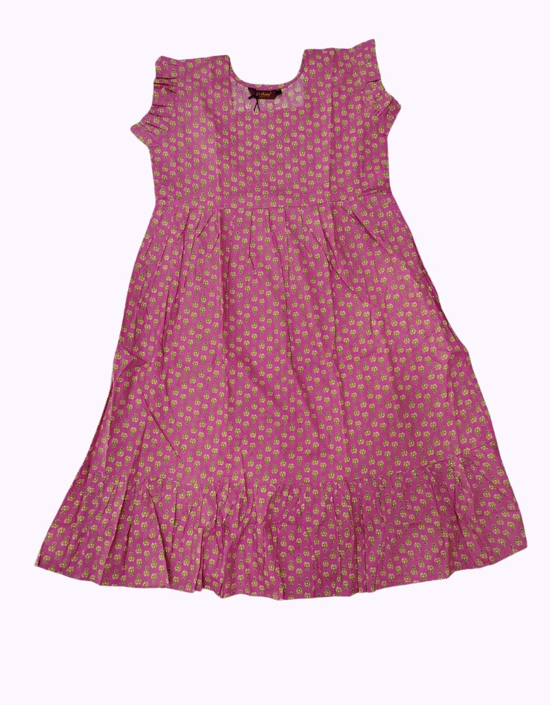 Vibrant Pink Printed Midi Dress – Soft Cotton Blend, Cap Sleeves, Flared Hem