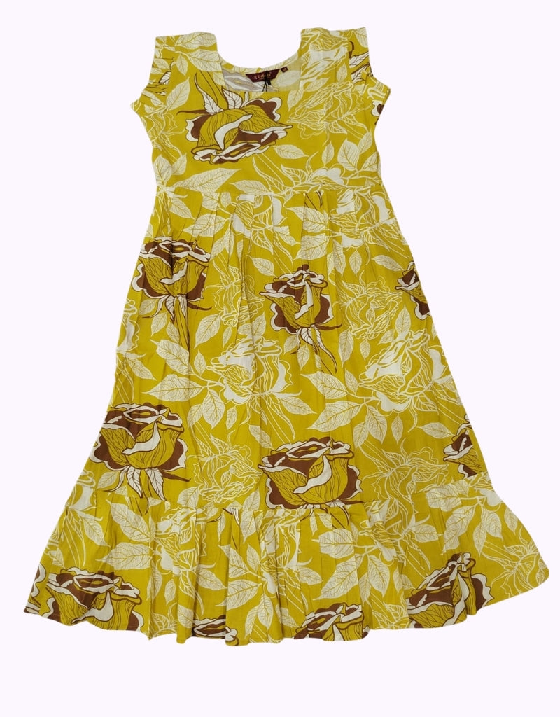 Bright Yellow Floral Printed Midi Dress – Soft Cotton Blend, Cap Sleeves, Flared Hem