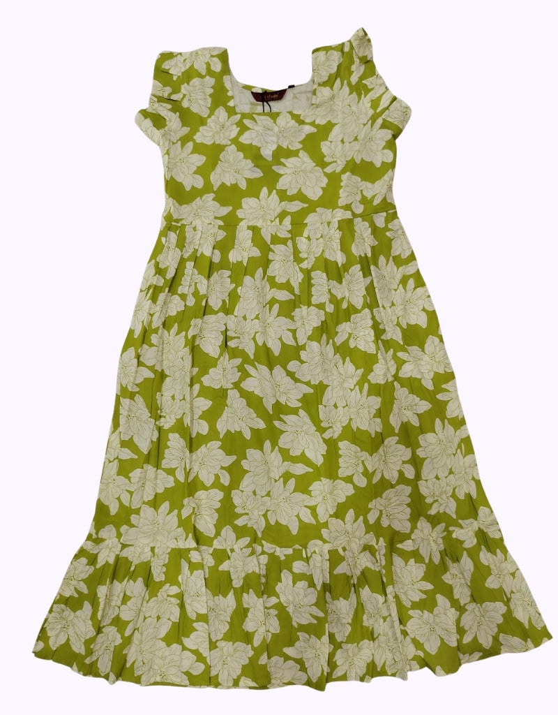 Lime Green Floral Printed A-Line Maxi Dress with Flared Hem