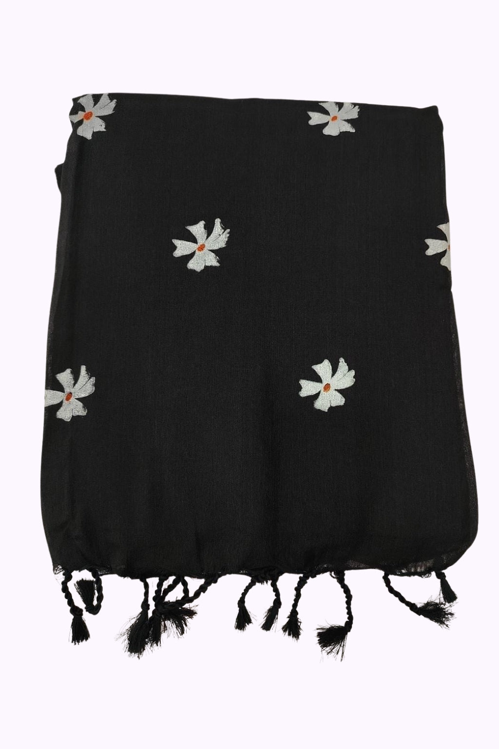 Women’s Elegant Black Floral Embroidered Tassel Scarf / Dupatta