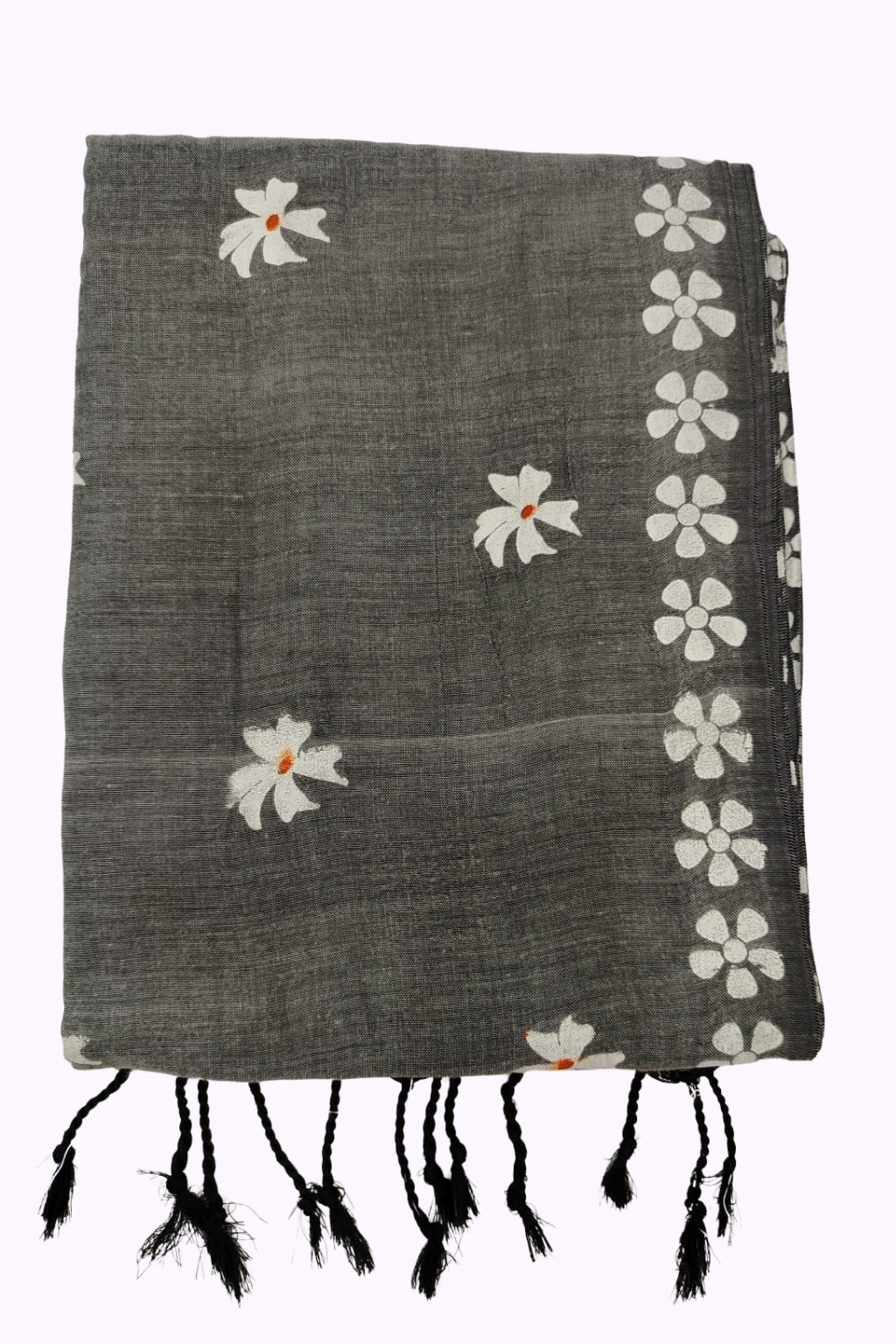 Women Elegant Grey Floral Embroidered Tassel Dupatta