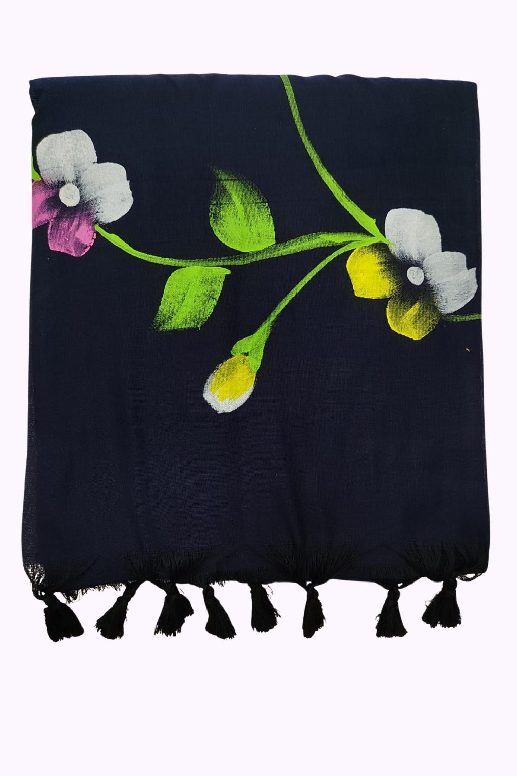 Women Elegant Navy Blue Artistic Floral Branch Tassel Dupatta