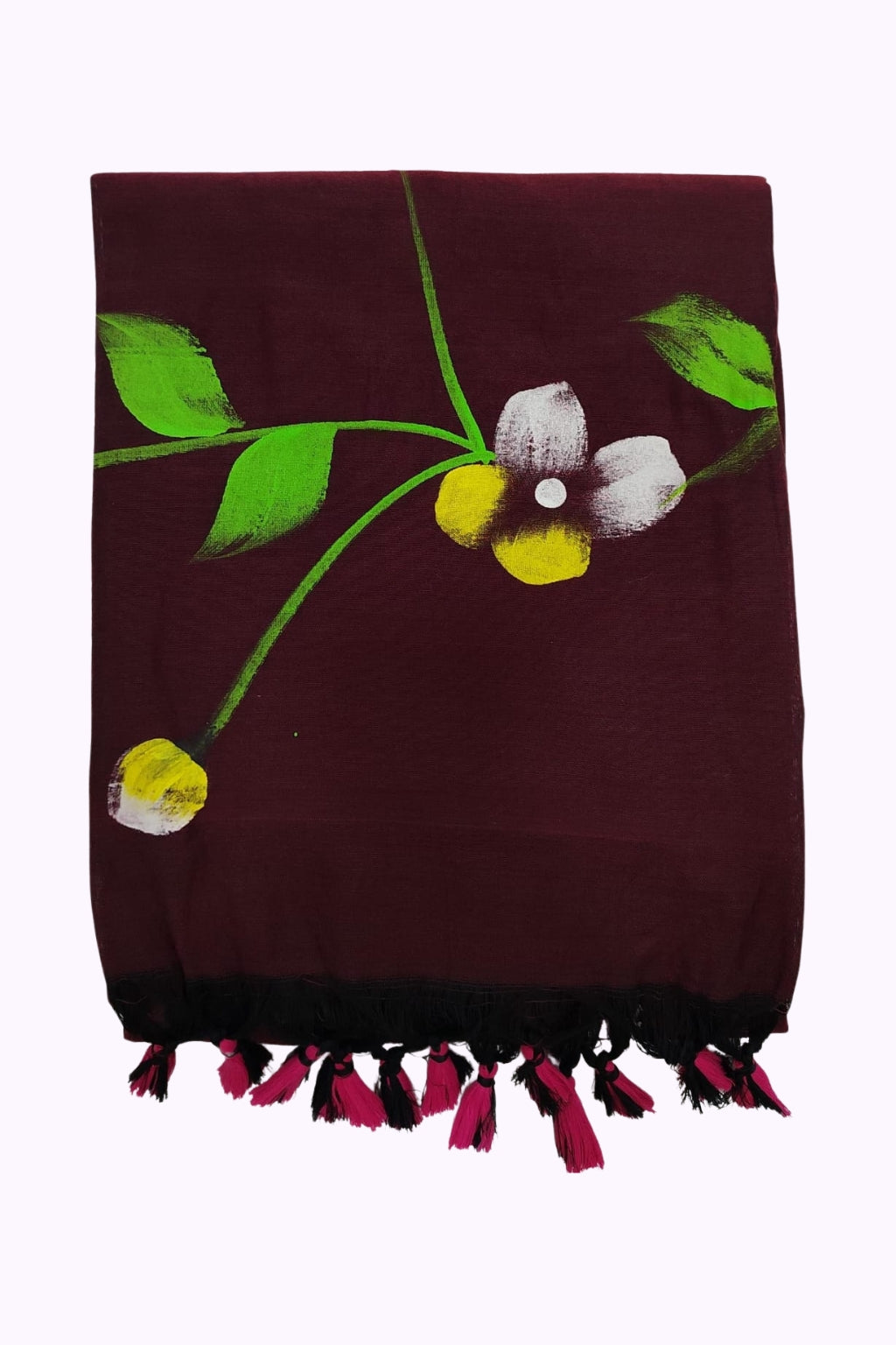 Women Wine Maroon Artistic Floral Branch Tassel Dupatta