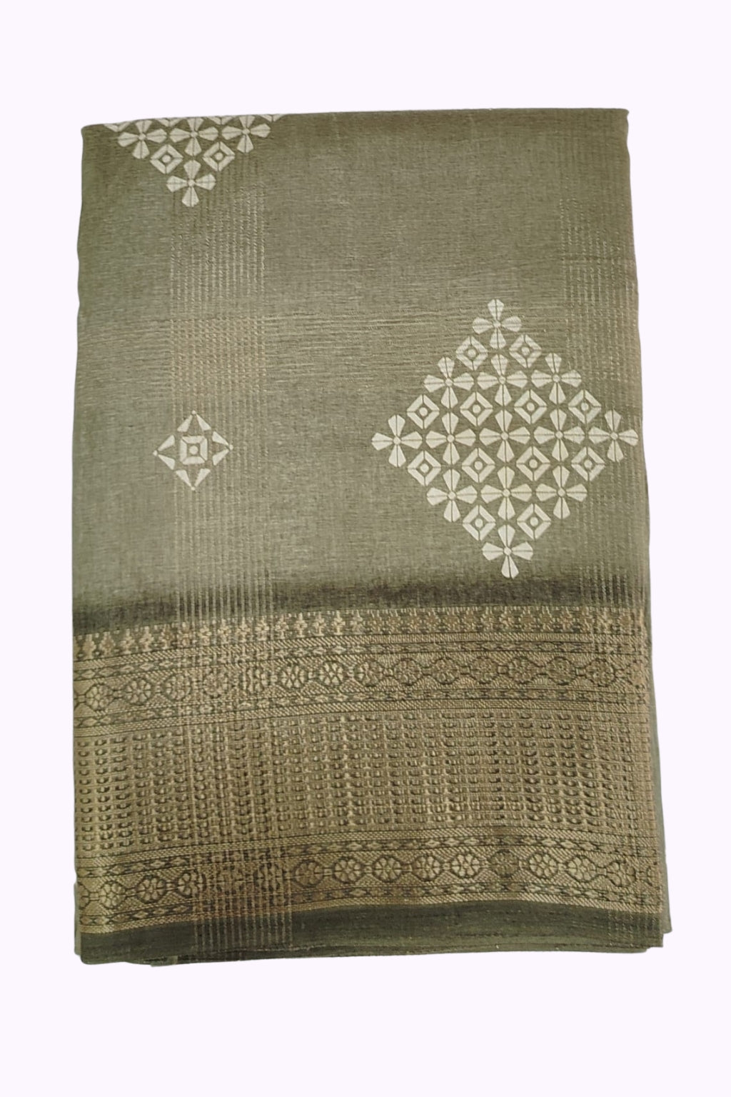 Elegant Olive Green Fancy Design Saree with Rich Golden Border & Blouse