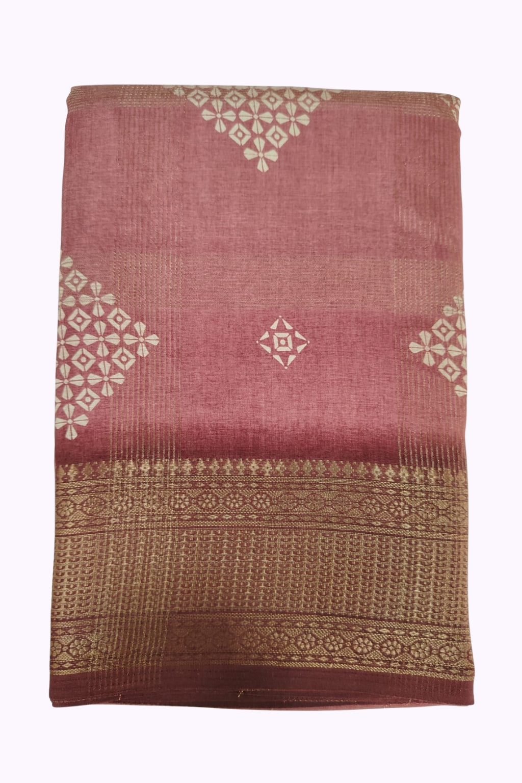 Elegant Dusty Rose Fancy Design Saree with Rich Golden Border & Blouse