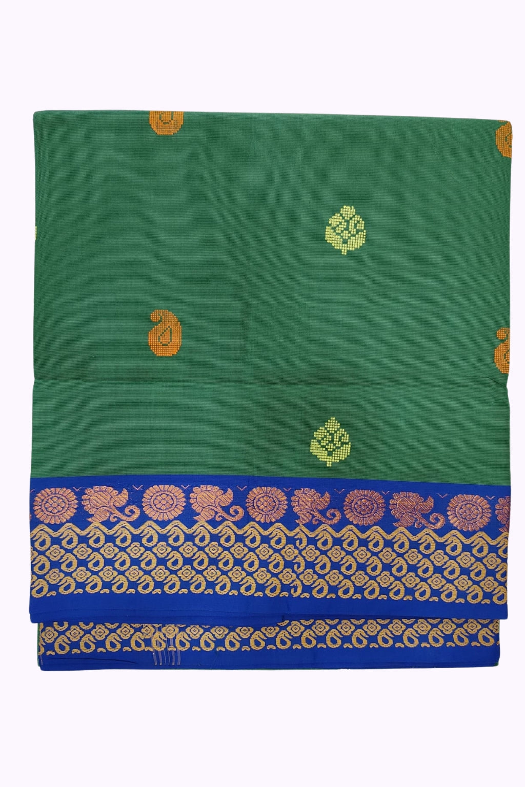Emerald Green Silk Cotton Saree with Royal Blue & Gold Zari Designer Border