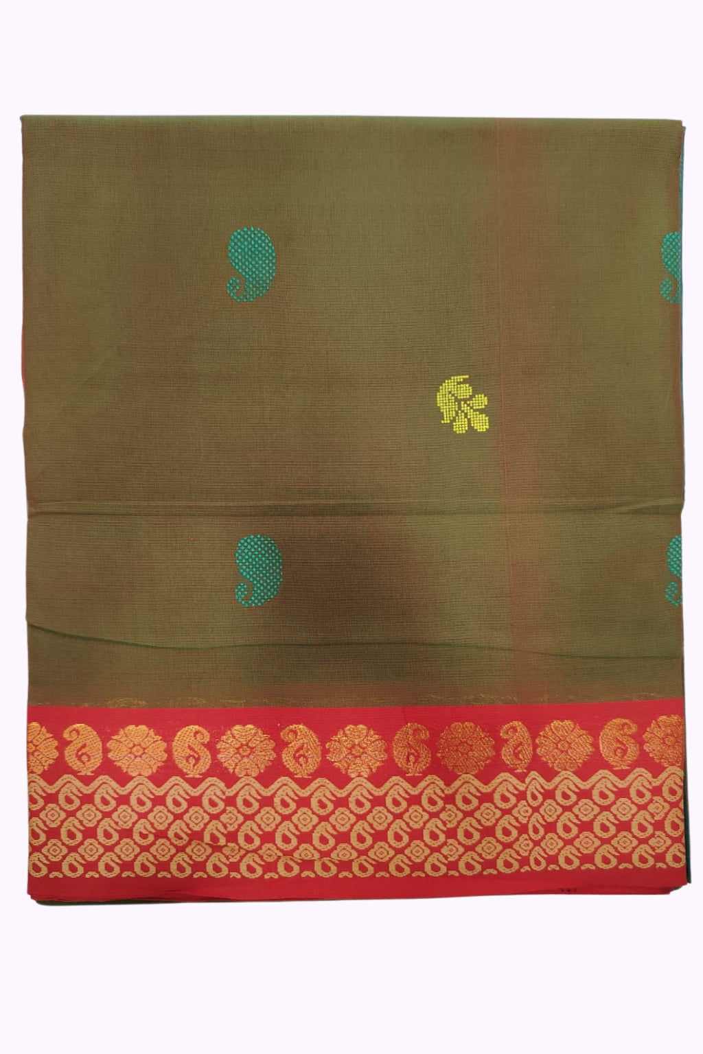 Olive Brown Silk Cotton Saree with Red & Gold Zari Designer Border