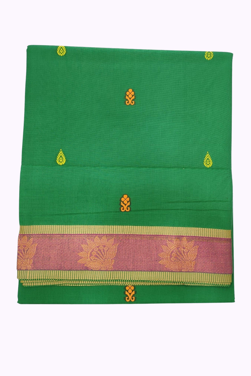 Parrot Green Silk Cotton Saree with Pink & Gold Zari Floral Border