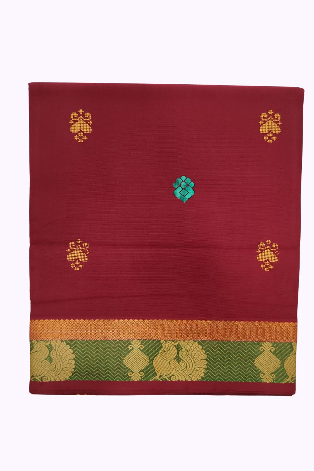 Classic Red Silk Cotton Saree with Green & Gold Zari Designer Border