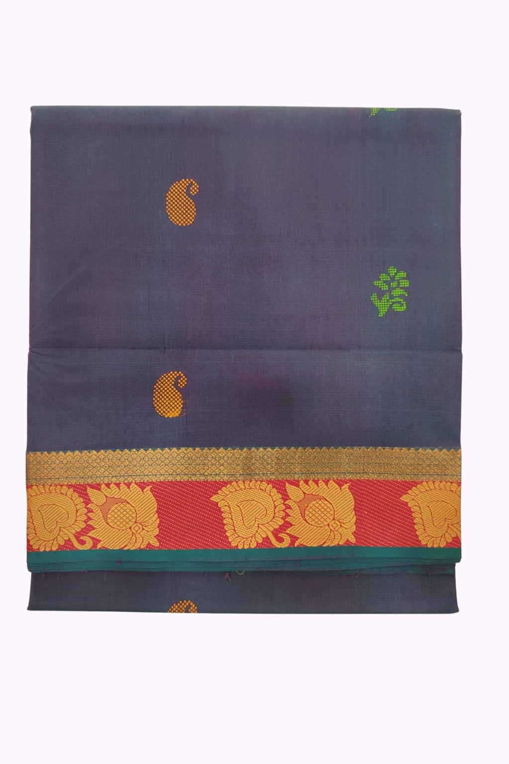 Steel Blue Silk Cotton Saree with Red & Gold Zari Traditional Bord