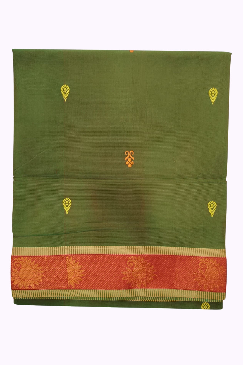 Temple Green Silk Cotton Saree with Orange-Red & Gold Zari Traditional Border