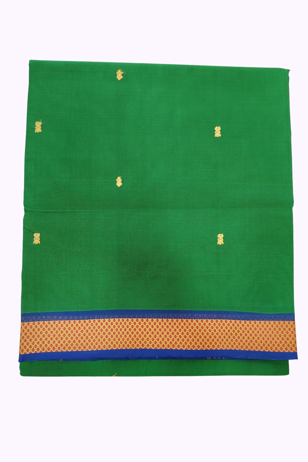 Vibrant Green Silk Cotton Saree with Blue & Gold Zari Designer Border