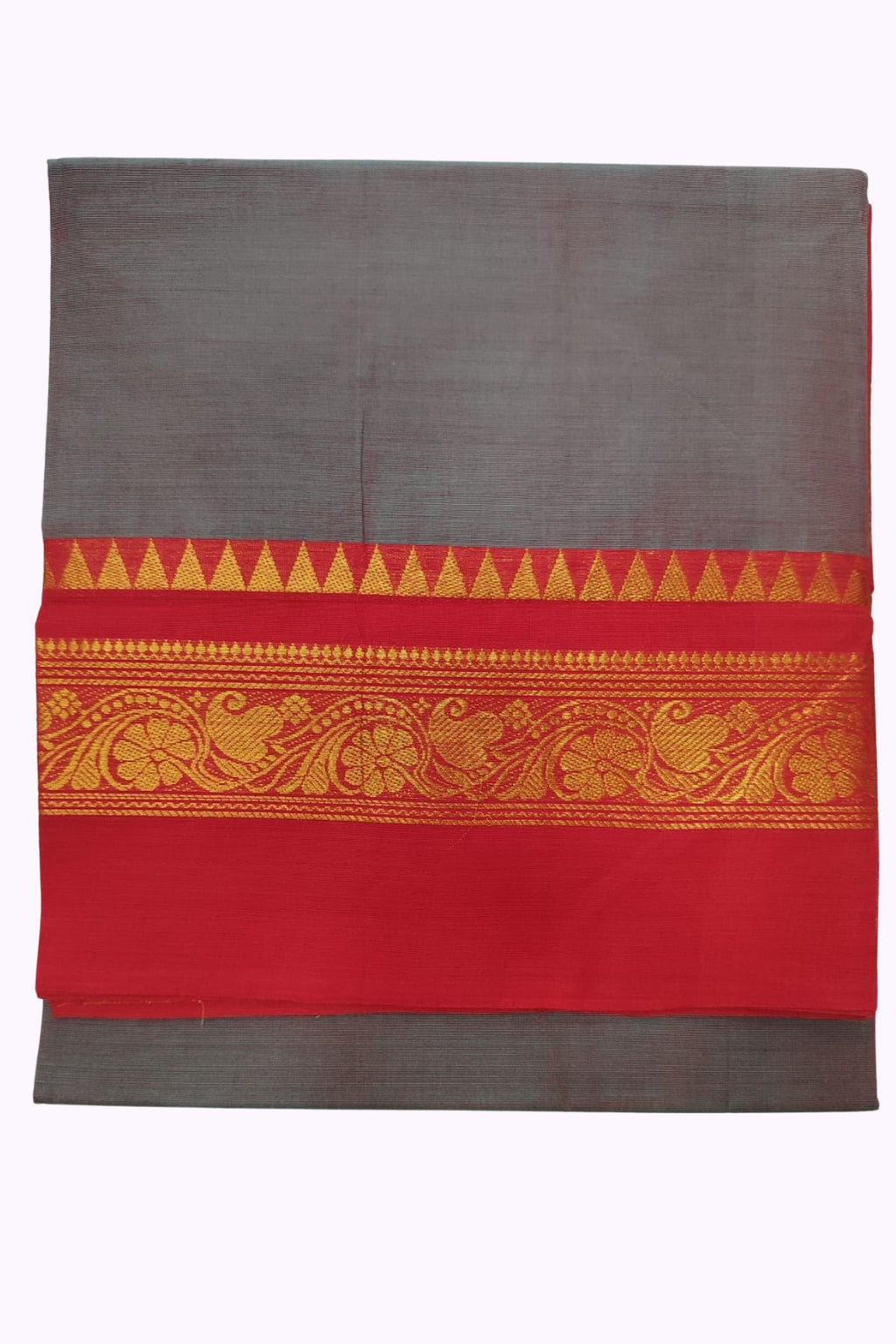 Elegant Grey Silk Cotton Saree with Red & Gold Zari Traditional Border