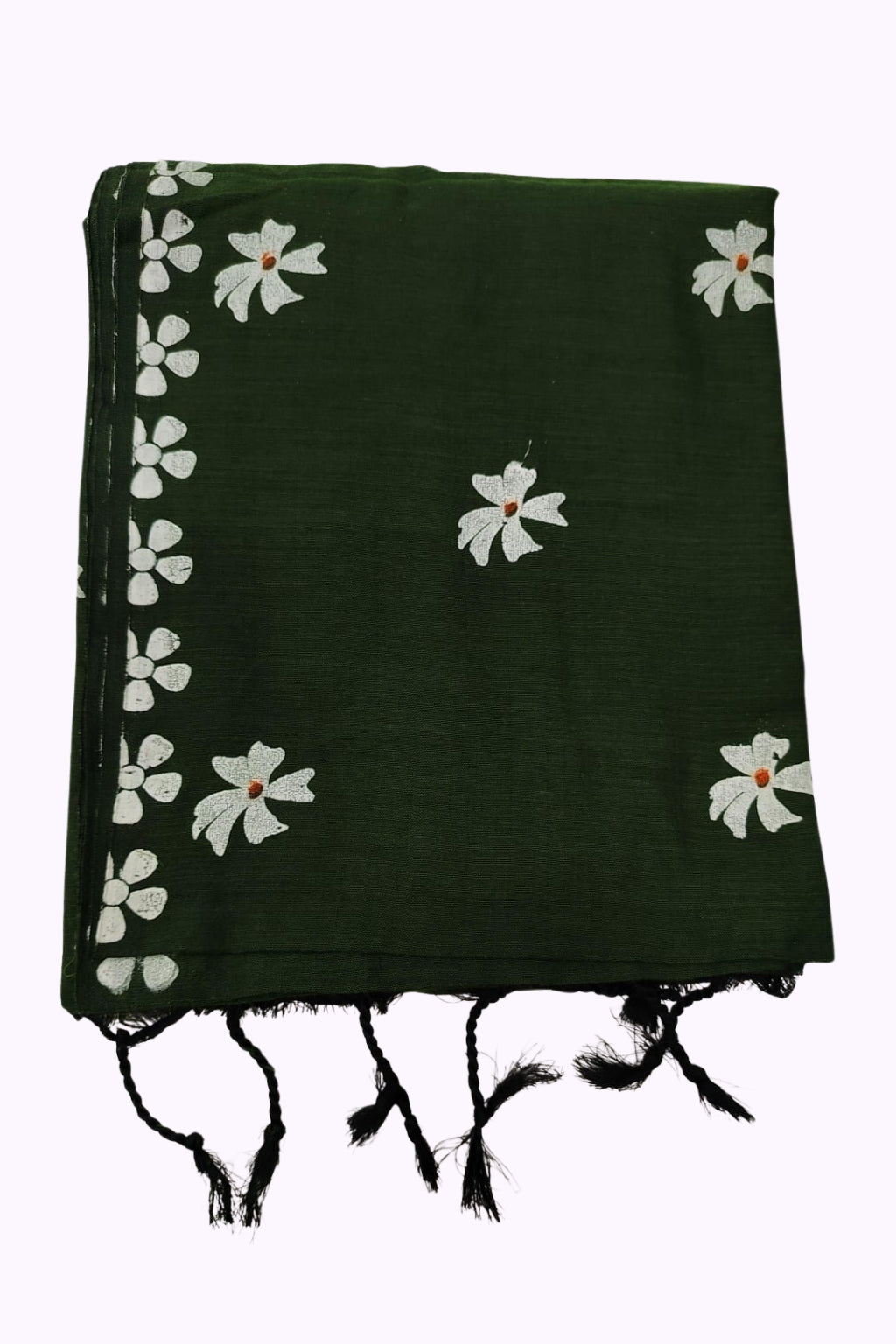 Women Forest Green Floral Embroidered Border Tassel Dupatta