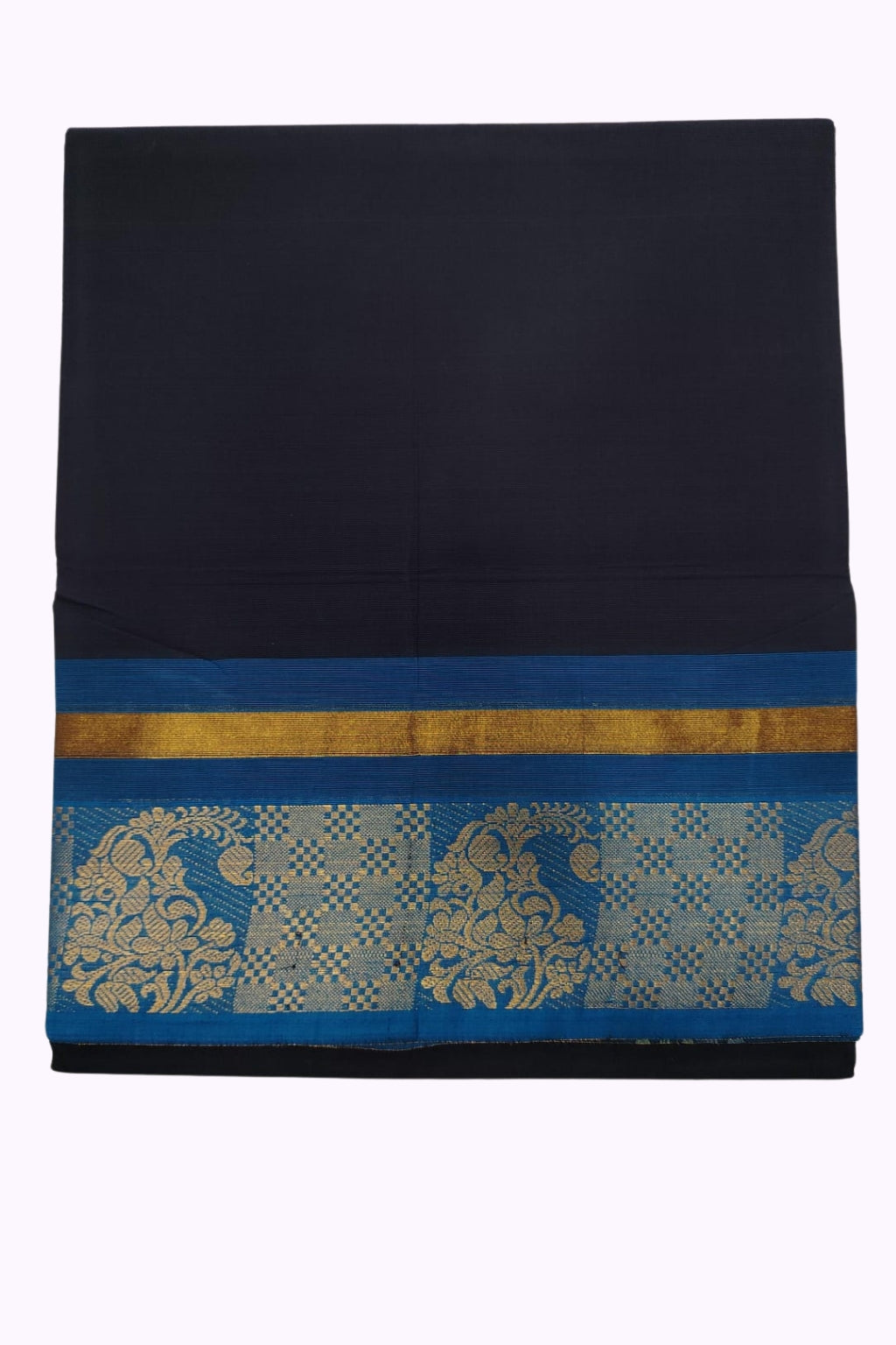 Midnight Navy Silk Cotton Saree with Royal Blue & Gold Zari Designer Border