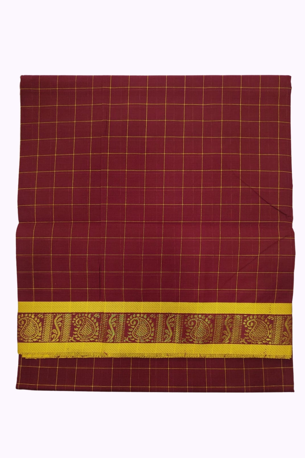 Maroon Checked Silk Cotton Saree with Mustard Yellow & Gold Zari Traditional Border