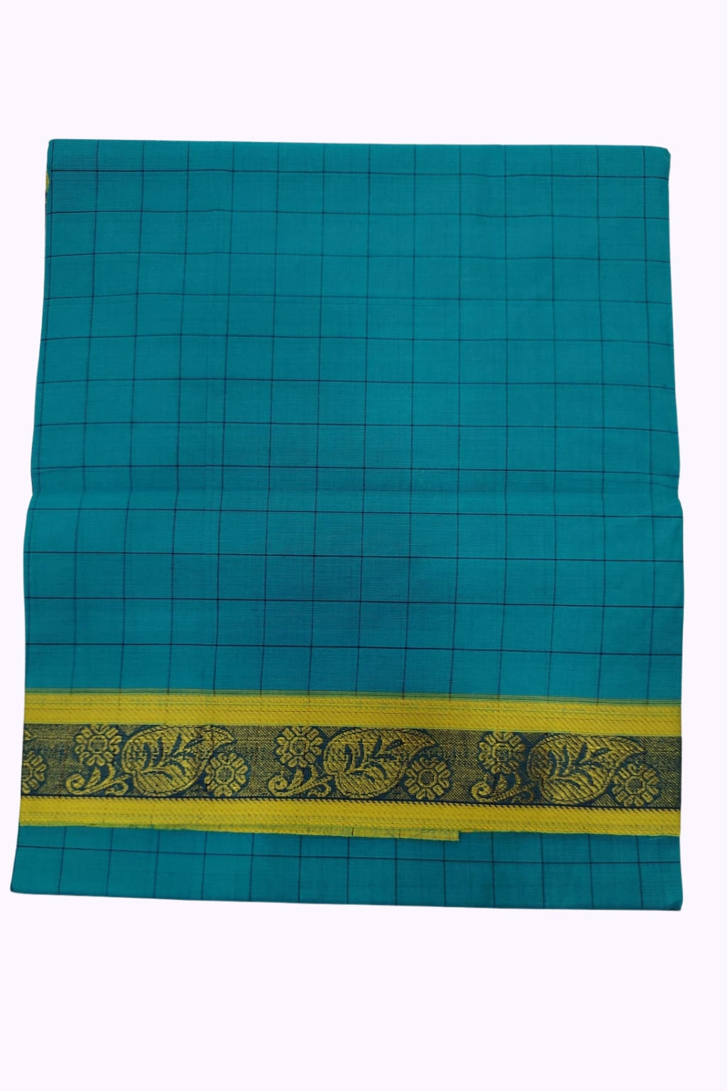 Teal Blue Checked Silk Cotton Saree with Yellow & Gold Zari Traditional Border