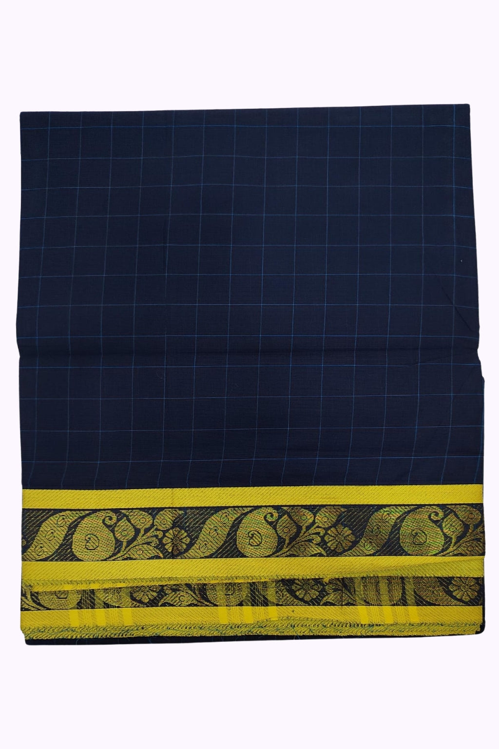 Navy Blue Checked Silk Cotton Saree with Yellow & Gold Zari Traditional Border