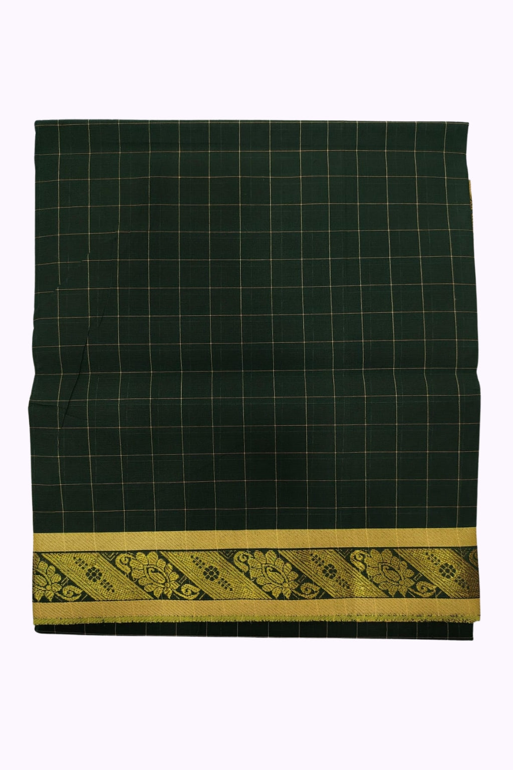 Forest Green Checked Silk Cotton Saree with Gold Zari Traditional Border