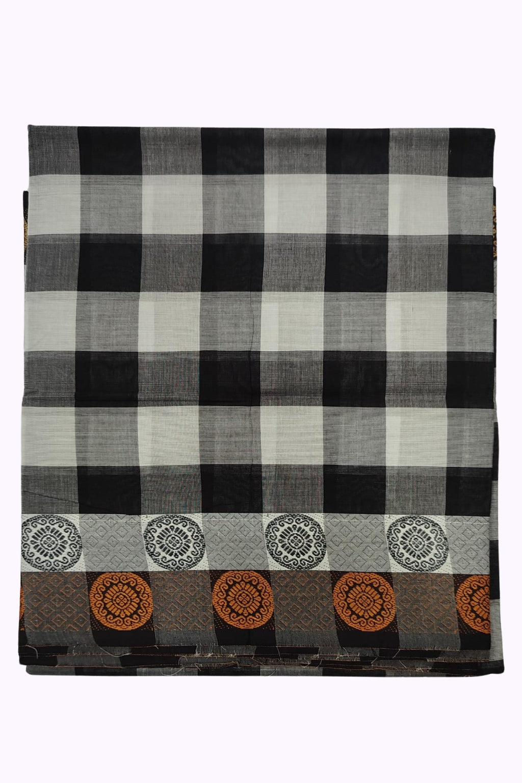 Black & White Large Checked Cotton Saree with Contemporary Woven Designer Border