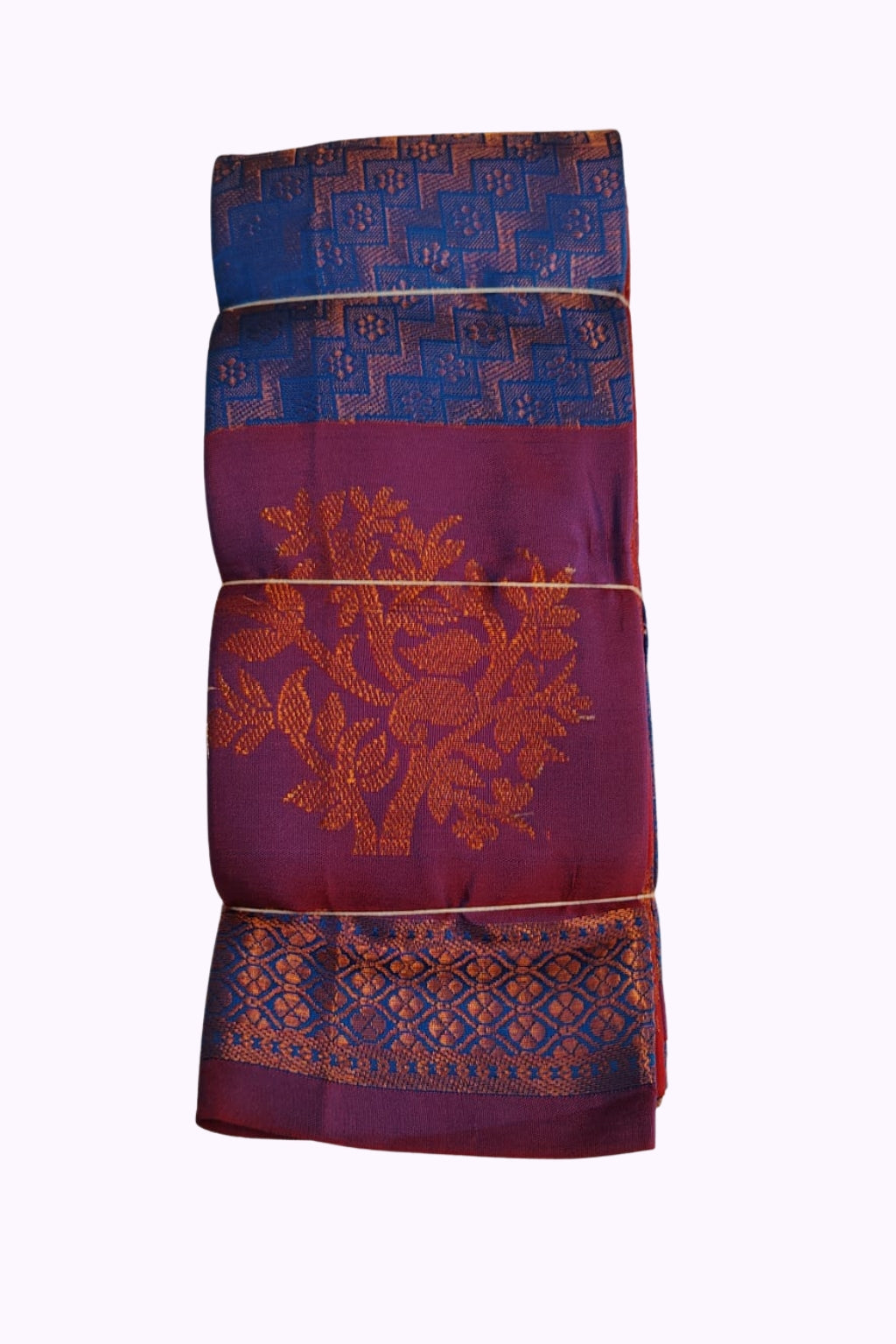 Royal Purple Silk Blend Saree with Blue Zari Pallu & Copper Floral Weaving