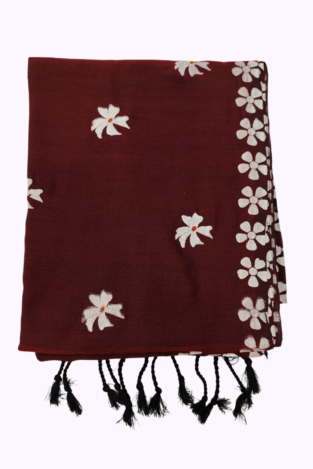 Women Elegant Maroon Floral Embroidered Border Tassel Dupatta