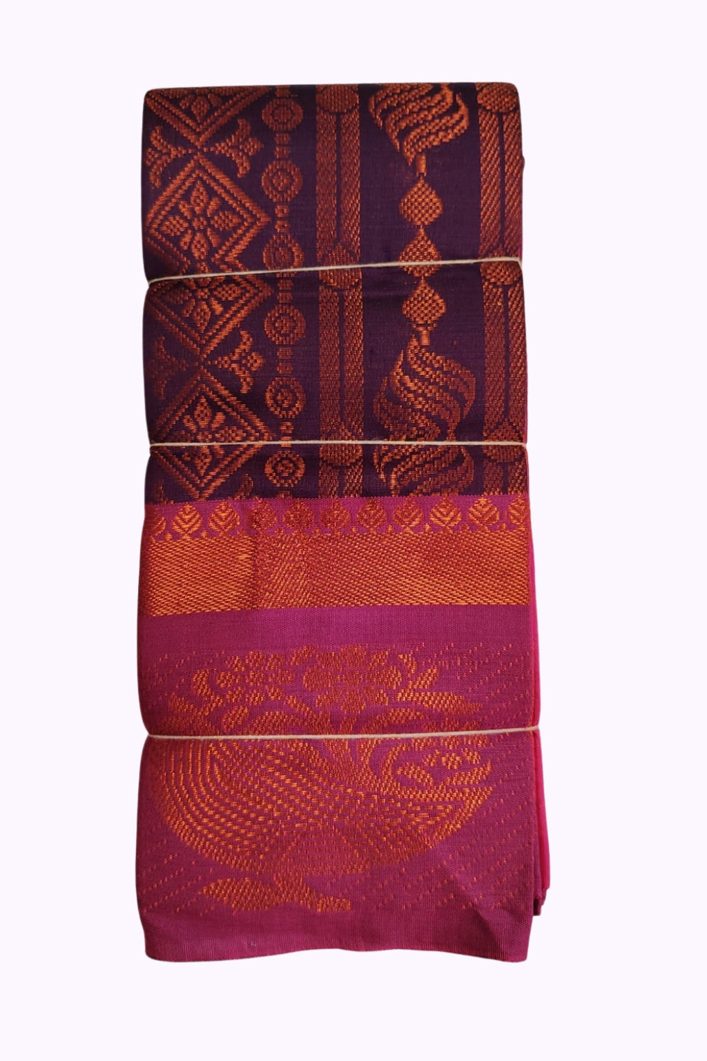 Plum Purple & Rani Pink Silk Blend Saree with Copper Zari Weaving and Peacock Pallu