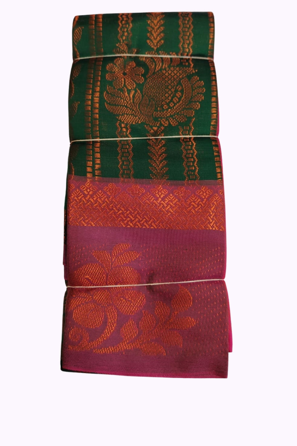 Emerald Green & Rani Pink Silk Blend Saree with Copper Zari Weaving and Floral Pallu