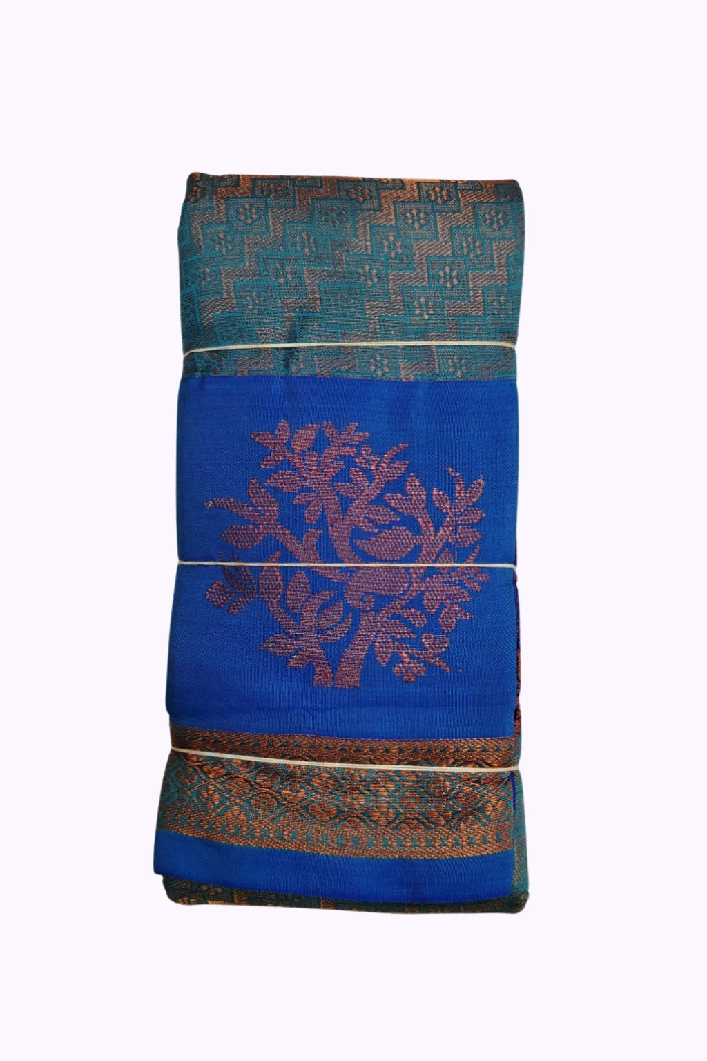 Royal Blue Silk Blend Saree with Teal Zari Weaving and Copper Floral Pallu