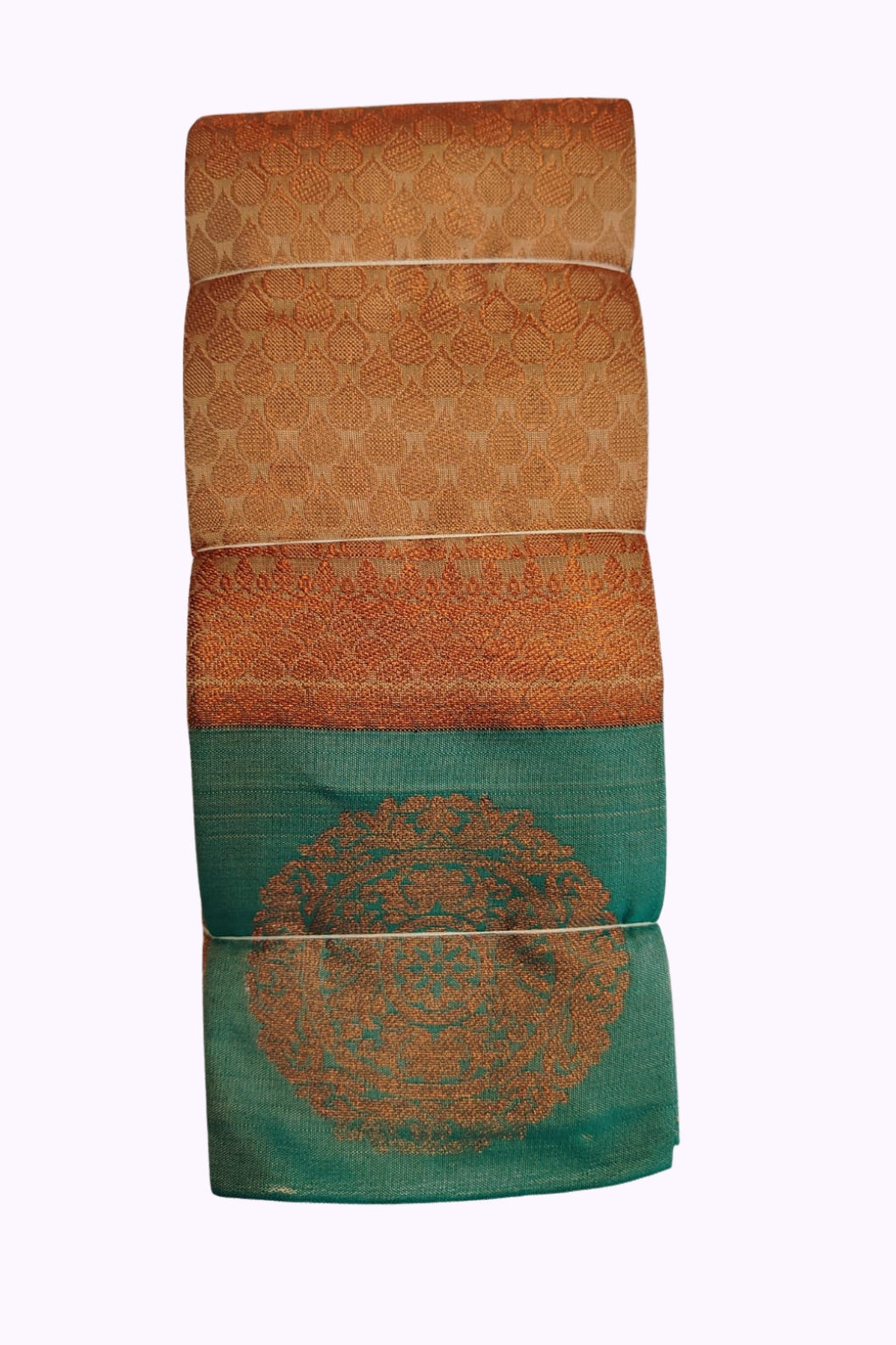 Copper Zari Silk Blend Saree with Teal Contrast Pallu and Ornate Mandala Weaving