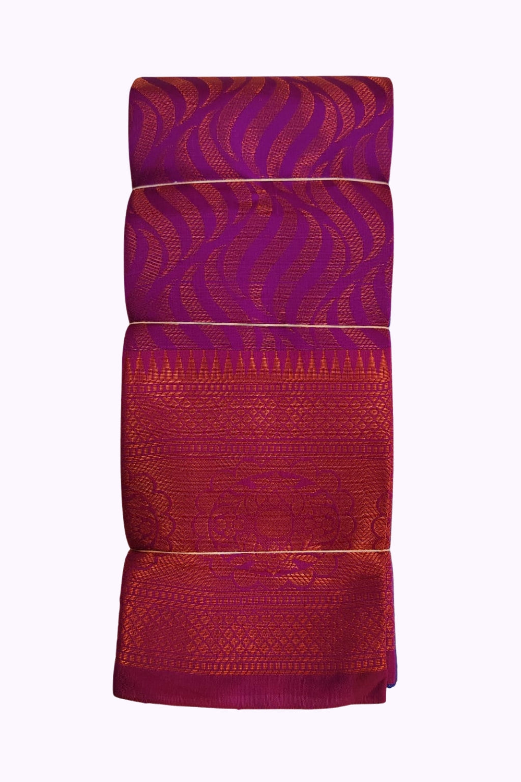 Magenta Purple Silk Blend Saree with Copper Zari Wave Design and Ornate Border